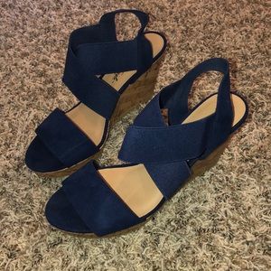 navy blue strapped wedge heels